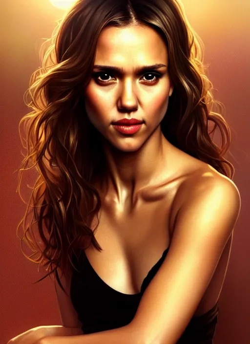 Image similar to half Jessica Alba half Nathalie Portman half scarlett johansonna pure seductive angel, full body portrait, slight smile, diffuse natural sun lights, autumn lights, highly detailed, digital painting, artstation, concept art, sharp focus, illustration, art by wlop and greg rutkowski and alphonse mucha and artgerm