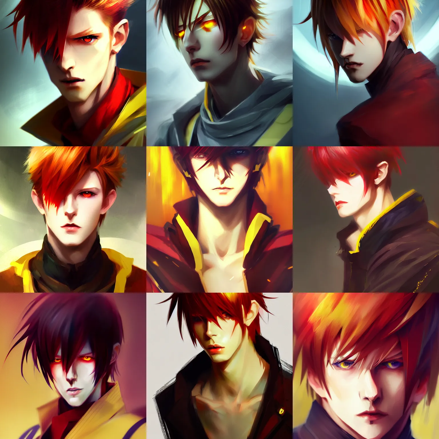 Prompt: portrait of anime male 2 0 years old bowie male evil sharp features yellow iris, small narrow slit shrewd yellow eyes red red soft tousled crimson hair smirk anime hunterpedia pixiv fanbox concept art, matte, sharp focus, illustration, cinematic lighting art by wlop ruan jia