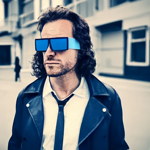 Prompt: science fiction man with blue tiny sunglasses and black leather trenchcoat