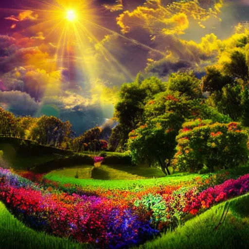 Image similar to Amazing View of fantasy Beautiful Sky Scenery with ornate gold and silver iridescent castles of light Highly detailed Vines Trees Gardens flowers in bloom clouds sunset holographic metallic angelic prismatic reflections Depth of field HDR