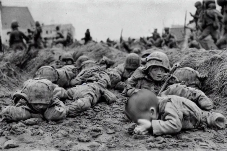 Image similar to newborn baby soldiers crawling, storming normandy, old world war 2 photo, film grain