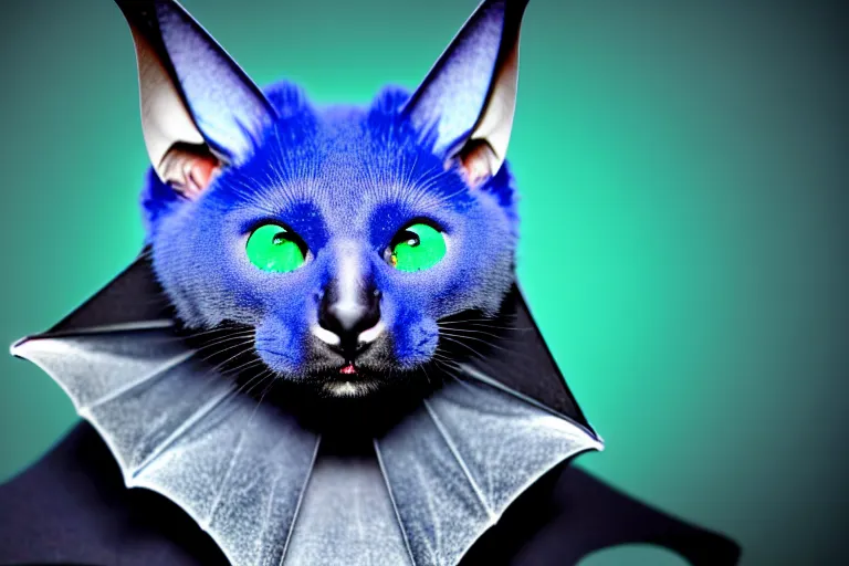 Prompt: a blue - and - black male blue / green heterochromatic catbat fursona with blue / green heterochromatic eyes ( differently - colored eyes, one green, one blue ) and huge bat ears, photo of the catbat streaming on his computer