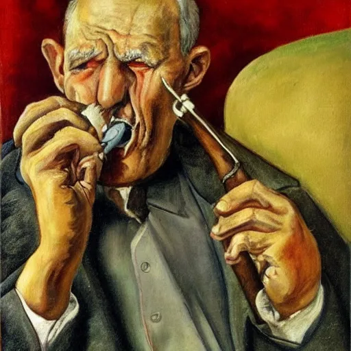 Prompt: a sad old man with his pipe in his mouth, high quality, high resolution,detailed, oil painting by otto dix (1921)