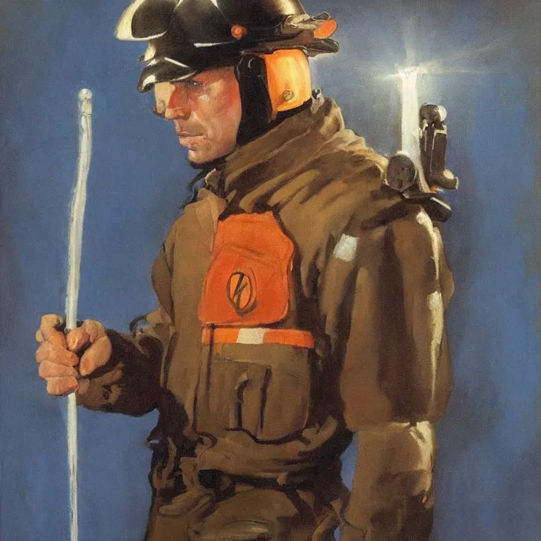 Image similar to a beautiful portrait painting in the style of frank frazetta of a half - life 2 civil protection officer holding a stun baton, blue backlight