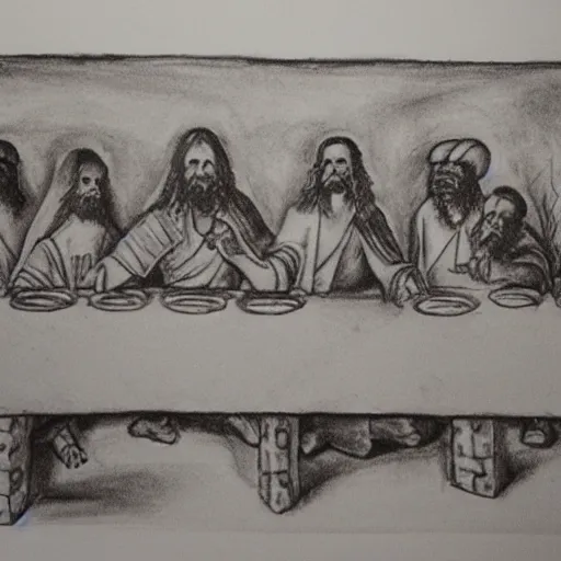 Image similar to last supper, drawn by a 5 year old detailed, sketh