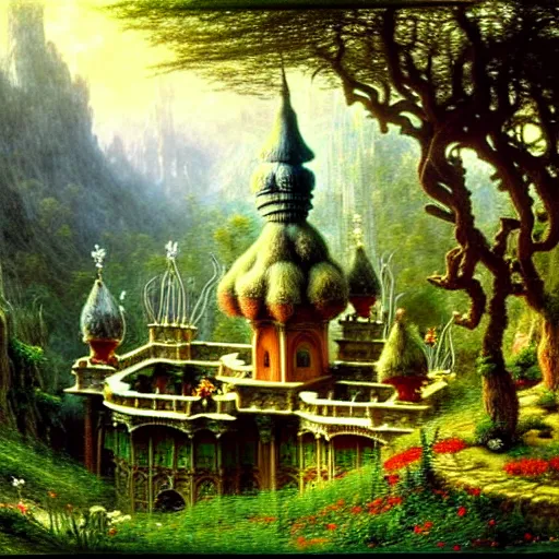 Image similar to a beautiful and highly detailed matte painting of an dwarf garden palace in a breath taking forest in a deep valley in the beautiful mountains of avalon, intricate details, epic scale, insanely complex, 8 k, sharp focus, hyperrealism, very realistic, by caspar friedrich, albert bierstadt, james gurney, brian froud,