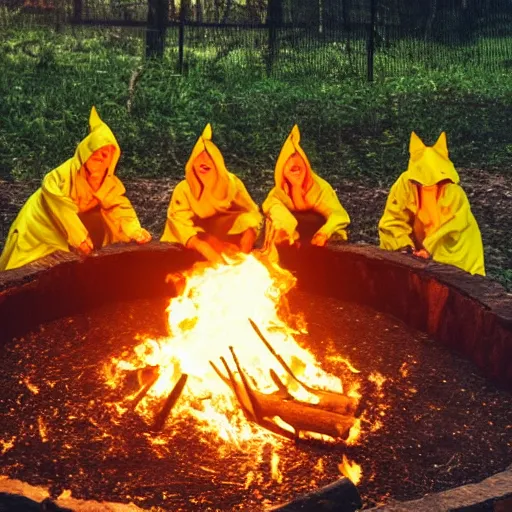 Prompt: a gathering of yellow raincoat wearing kitten magicians summon a fire goddess from the depths of a raging fire pit, flames are emerging from fissures in the ground.