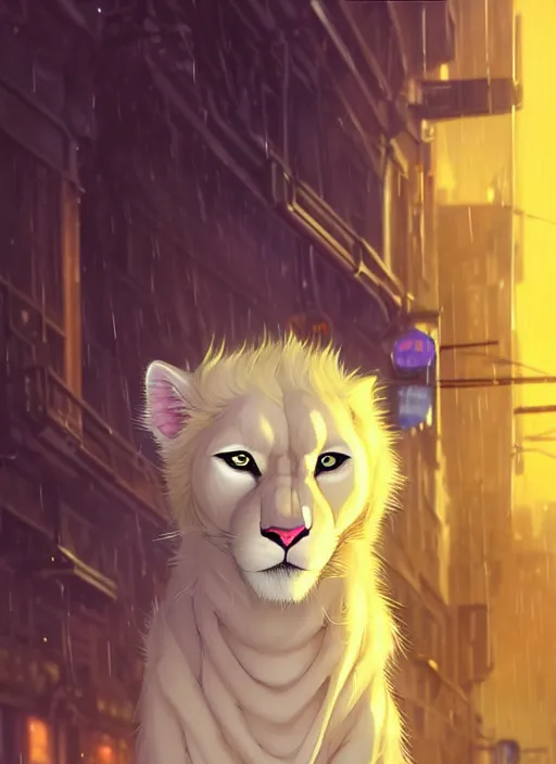 Prompt: award winning beautiful portrait commission of a male furry anthro albino mountain lion fursona with a tail and a cute beautiful attractive detailed furry face wearing stylish cyberpunk clothes in a cyberpunk city at night while it rains. Yellow and Purple. Character design by charlie bowater, ross tran, artgerm, and makoto shinkai, detailed, inked, western comic book art