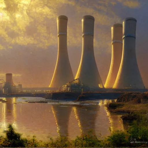 Prompt: detailed cinematic wide shot of giant world nuclear power plant, ultra realistic, spring light, painting by gaston bussiere, craig mullins, j. c. leyendecker