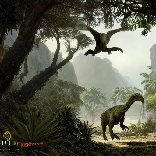 Prompt: a detailed matte painting of a ridiculously good looking jesus who is exploring the prehistoric jungle with his pet velociraptor, elegant ancient greek dress, jungle as the background, very detailed, beautiful, intricate, art by greg rutkowski and robert e howard, octane render