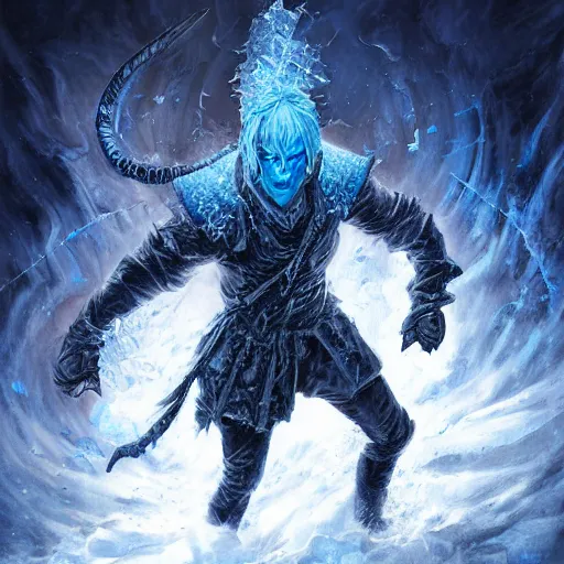 Image similar to a blue tiefling man wearing dark cloths frozen in ice and being shattering into a million pieces, action, cracked, destroyed, by Tony Sart, detailed, realistic, masterpiece, symmetrical