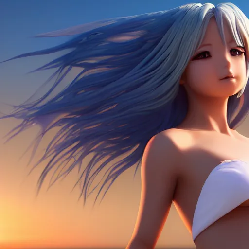 Prompt: Render of a very beautiful 3d anime girl, long sky blue hair, golden eyes, full round face, short smile, very beautiful see through azure bikini, golden hour, serene beach setting, cinematic lightning, medium shot, mid-shot, highly detailed, trending on Artstation, Unreal Engine 4k wallpaper