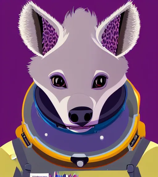 Image similar to digital detailed portrait of anthromorphic female hyena, in style of zootopia, fursona, furry, furaffinity, 4 k, deviantart, wearing astronaut outfit, in style of disney zootopia, floating in space, space background, in deep space, dark background, hyena fursona, cyberpunk, female, detailed face, style of artgerm,