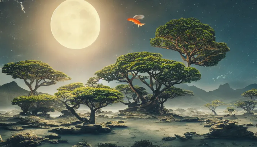 Image similar to koi fish swimming in the sky over moonlit socotra island with dragon trees, starry night, sharp focus, wide shot, trending on artstation, masterpiece, by greg rutkowski, by ross tran, by fenghua zhong, octane, soft render, ultrarealistic, colorful, cinematic, horizon forbidden west