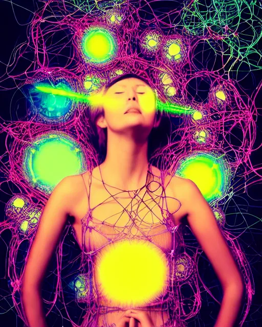 Prompt: portrait of girl having an orgasm eyes closed, colorized neon lights, explosion of light, hyperealistic detailed photography polaroid, 5 0 mm lens, motion blur, grainy image, hexagonal mesh fine wire, alexander mcqueen, art nouveau fashion, steampunk, mandelbrot fractal, visible nervous system