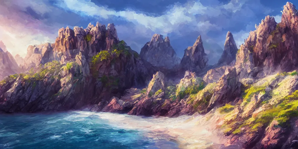 Image similar to salt covered islands surrounded by colourful rugged quartz cliffs, illustration, bright sunlight, sun glints, sunrays, digital art, oil painting, fantasy, 8 k, trending on artstation, detailed