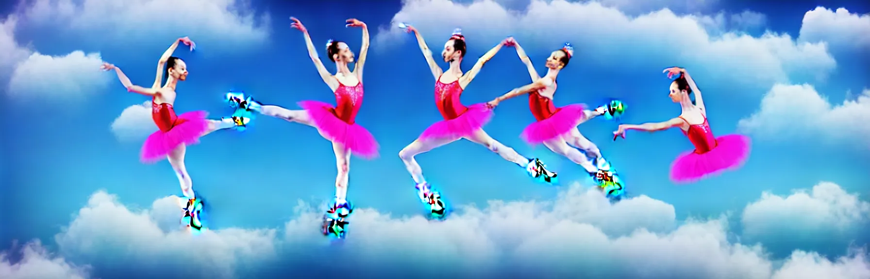 Prompt: two beautiful ballerina girls dancing in the cloud in acrobatic poses; dreamy sky, ultrarealistic, photorealistic, 8K