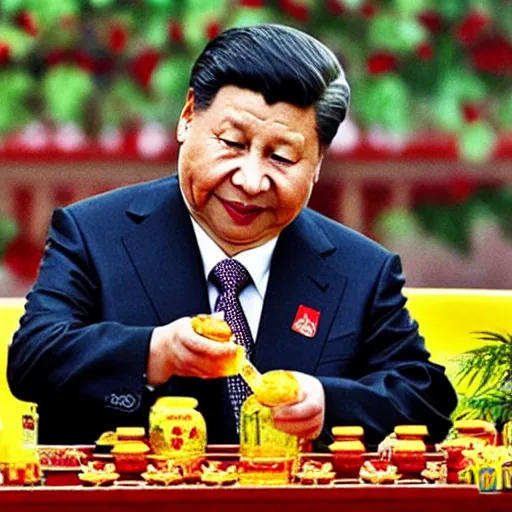 Prompt: A high quality photograph Xi Jinping sticking his hand in a honey jar, 85mm,
