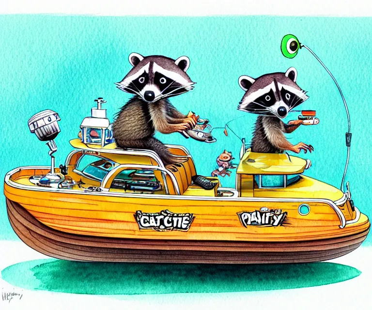 Image similar to cute and funny, racoon driving a tiny pontoon boat with party lights, ratfink style by ed roth, centered award winning watercolor pen illustration, isometric illustration by chihiro iwasaki, edited by craola, tiny details by artgerm and watercolor girl, symmetrically isometrically centered