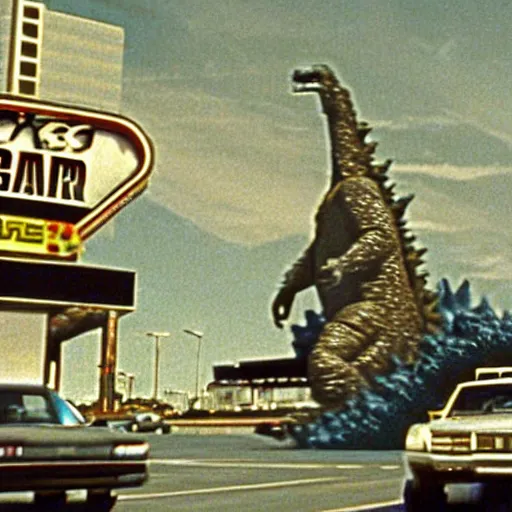 Prompt: film still of Godzilla in Las Vegas in Fear and Loathing in Las Vegas (1998)