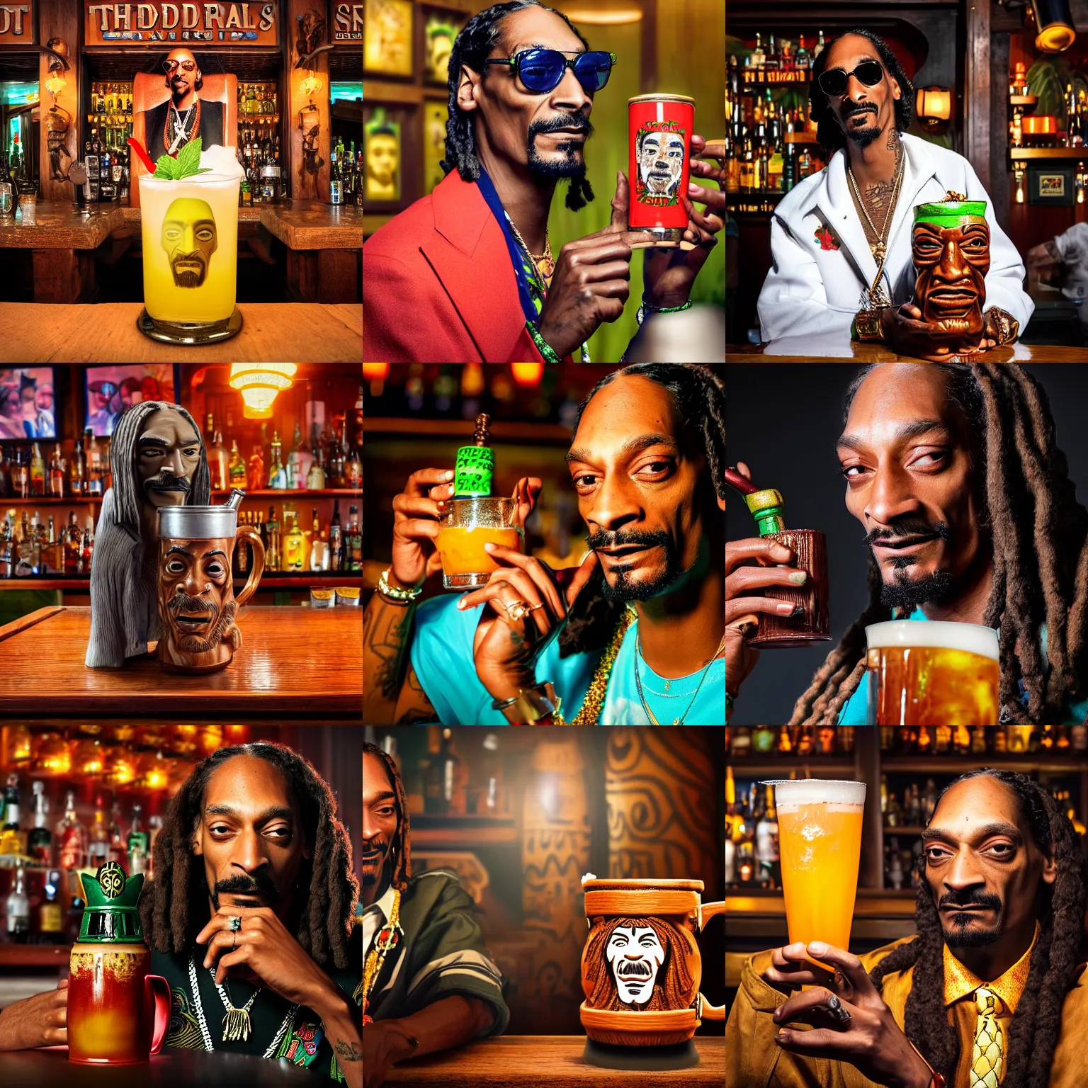 Prompt: a closeup photorealistic photograph of snoop dogg at trader vic's bar holding a tiki mug featuring his face on the front. brightly lit scene. this 4 k hd image is trending on artstation, featured on behance, well - rendered, extra crisp, features intricate detail, epic composition and the style of unreal engine.