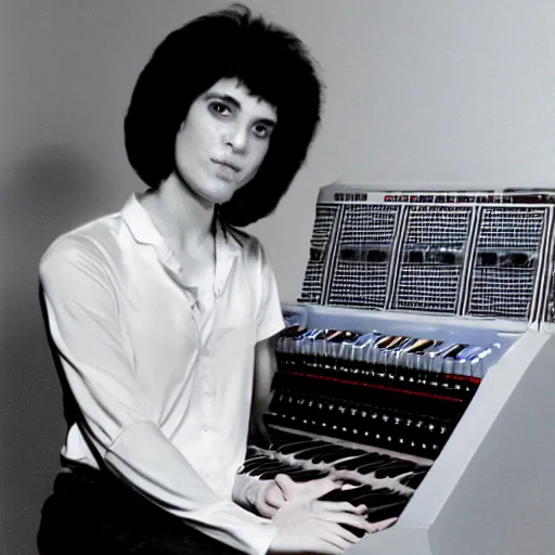 Image similar to a hybrid human / synthesizer, 1 9 8 0 s photo