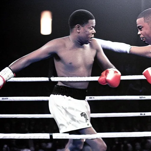 Image similar to jay - z and nas duke it out in a boxing ring madison square garden photo from 1 9 9 7