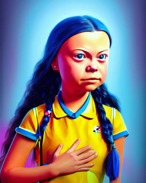 Image similar to closeup profile portrait of a tin toy greta thunberg as a schoolgirl, bikini, hyper realistic, artstation, illustration, salvidor dali, digital paint, matte paint, vivid colors, bright, cheerful, detailed and intricate anime school environment
