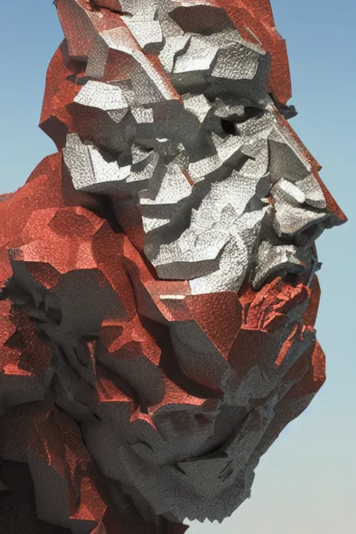 Image similar to realistic 8k Sculpture of random jagged reflective metal pieces forming the shape of a person silhouetted by a red sun, smooth, sharp focus, 24mm lens, DOF, hyper realistic, art by Greg Rutkowski and Ruan Jia