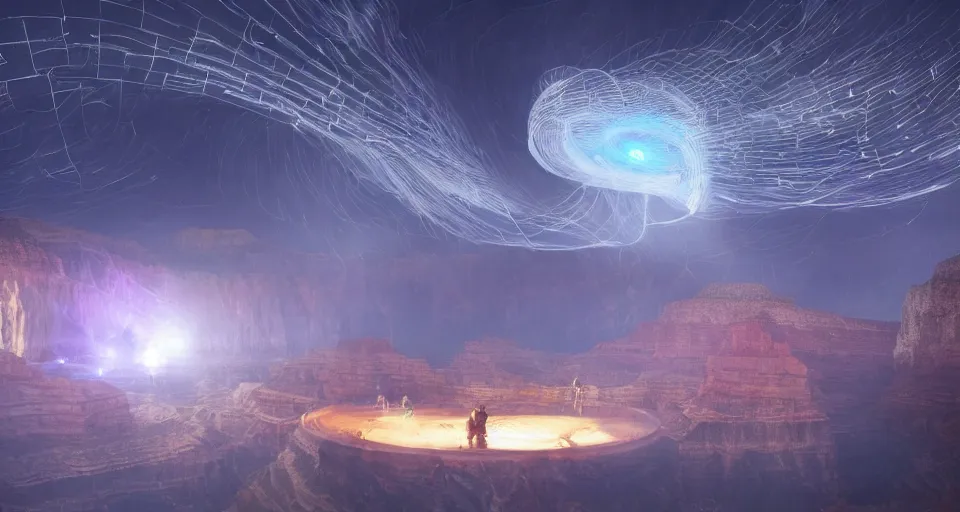 Image similar to night, a lot of people and a spiral - shaped white luminous attractor is floating in grand canyon, concept art, art for the game, professional lighting, art