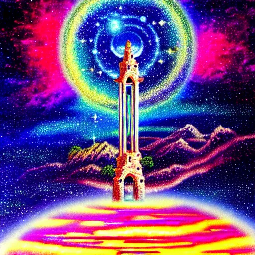 Image similar to a landscape pastel in the style of noriyoshi ohrai of an ancient holy tower, it has iridescent mana radiating from it. it is centered. the background is the starry sky at night. key art. 4 k retrofuturistic fantasy