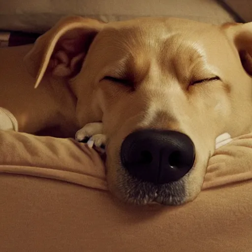 Image similar to close - up of a dog sleeping in a bed made of planets, sun rays, cinematic shot, photo still from movie by denis villeneuve