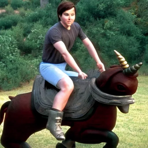 Image similar to wesley crusher riding a unicorn into battle