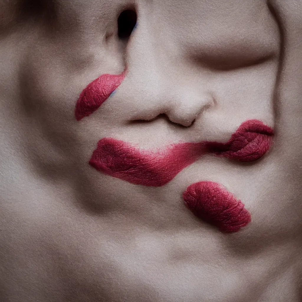 Image similar to woman\'s lips made of clay on a bed