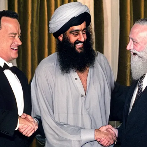 Image similar to Tom Hanks shakes hands with Osama Bin Laden at the White House