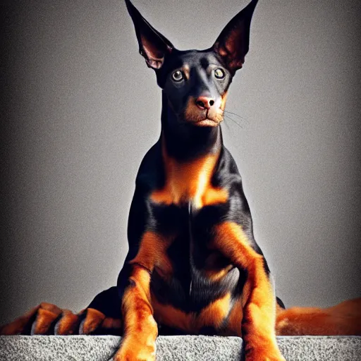 Prompt: a feline doberman - cat - hybrid, animal photography