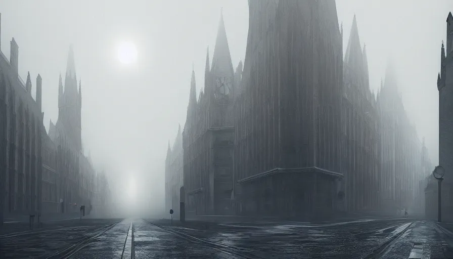 Prompt: empty streets of neo - gothic london, wet streets, fog, cold, hyperdetailed, artstation, cgsociety, 8 k