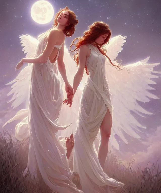 Image similar to Angels in white gauze dresses, the glow of the moonlight, fantasy, intricate, elegant, highly detailed, digital painting, artstation, concept art, matte, sharp focus, illustration, art by Artgerm and Greg Rutkowski and Alphonse Mucha, trending on instagram