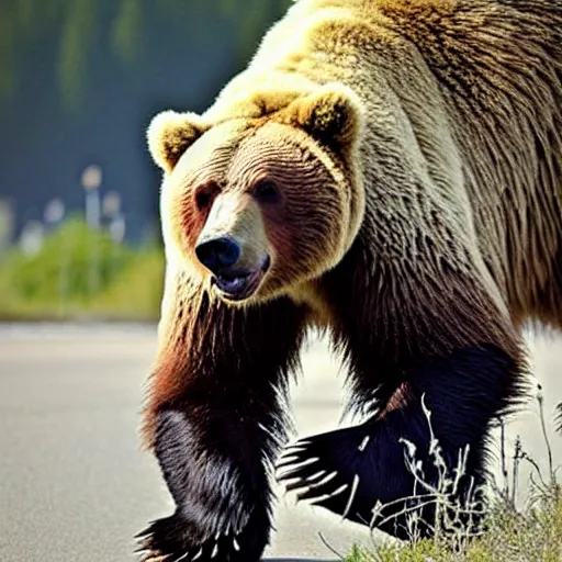 Prompt: a ferocious grizzly bear. The bear is wearing shorts on his legs!