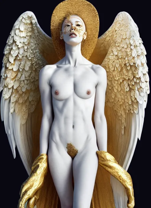 Image similar to a statue made of white marble with gold veins, of an beautiful gorgeous angel girl, full body shot, perfect symmetrical body, perfect symmetrical face, no eyes, hyper realistic, hyper detailed, fujicolor superia 1 6 0 0 photo, by johannen voss, by peter kemp, by monia merlo, by michelangelo octane render, blender, 8 k