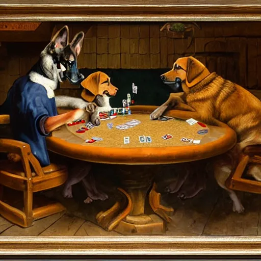 Prompt: Painting of three dogs german shepherds playing poker in a medieval tavern, photorealistic, by Cassius Marcellus Coolidge