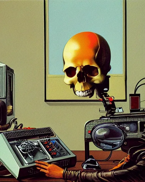 Prompt: a sarcastic skull observing 8 0 s era technology, vintage shapes, retro technology, vintage color, wayne barlow, oil on canvas, deep depth of field, masterpiece, cinematic composition, hyperdetailed