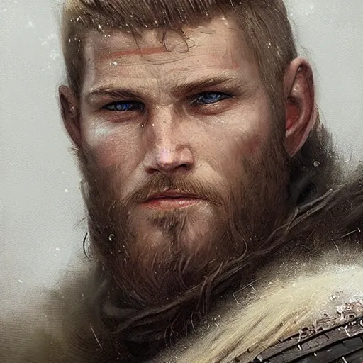 Image similar to a portrait painting of a viking warrior, digital painting, hyper realistic, nordic mythology, full of details, in the style if greg rutkowski,