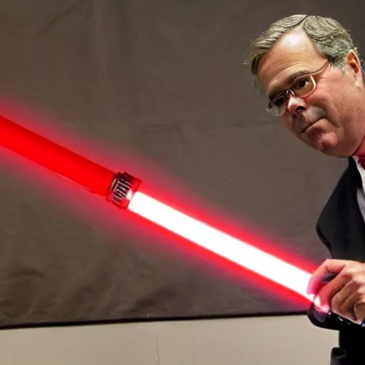 Prompt: Jeb Bush as a sith lord, holding a red lightsaber