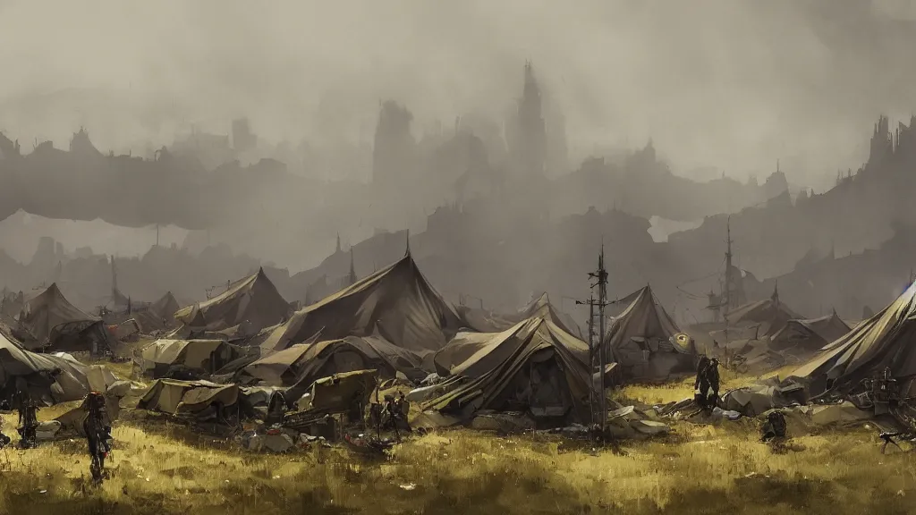 Prompt: panorama view of tents military tents with one mech walker in background, watercolored, jakub rozalski, dark colours, dieselpunk, artstation