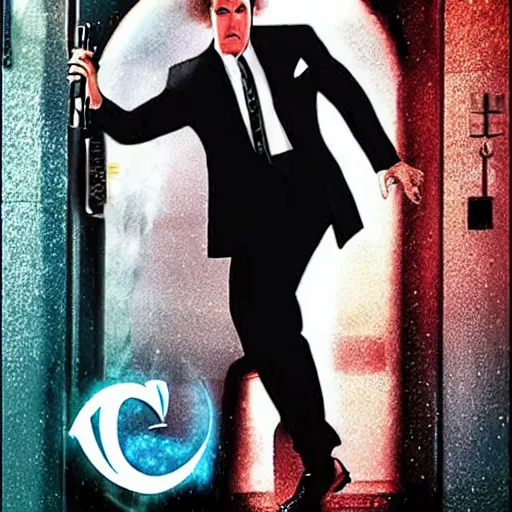 Image similar to weird al yankovich as 007, gritty, movie poster