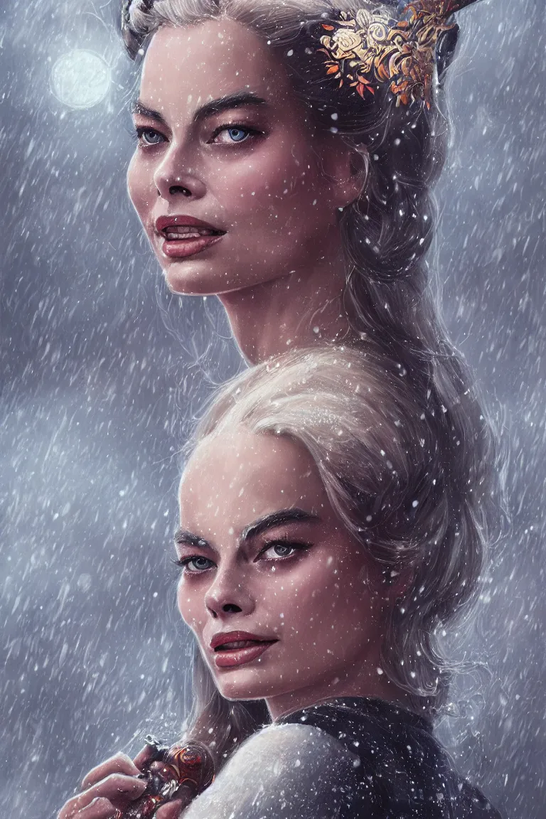 Prompt: a beautiful ultradetailed illustration of margot robbie as a geisha with a sword by charlie bowater, catchlight in the eyes, trending in artstation, portrait photo, bokeh, 4K, during snowfall