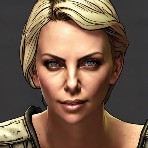 Image similar to charlize theron portrait, borderlands, tales from the borderlands, the wolf among us, comic, cinematic lighting, studio quality, 8 k