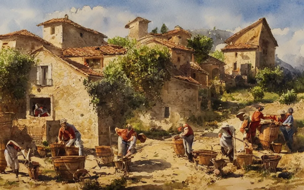 Prompt: beautiful watercolor painting by joseph zbukvic and alvaro castagnet, depicting a wine harvesting on a sunny day in a little italian village