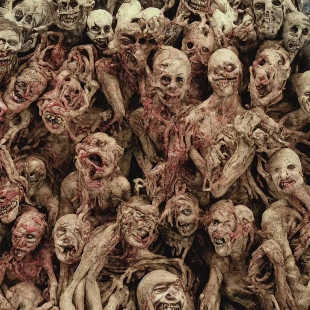 Image similar to portrait of a happy creepy mud clay people in supermarket by bob bottin and cronenberg, horror grotesque, realistic detailed photography, filth and grim, colorized 1 9 9 0's